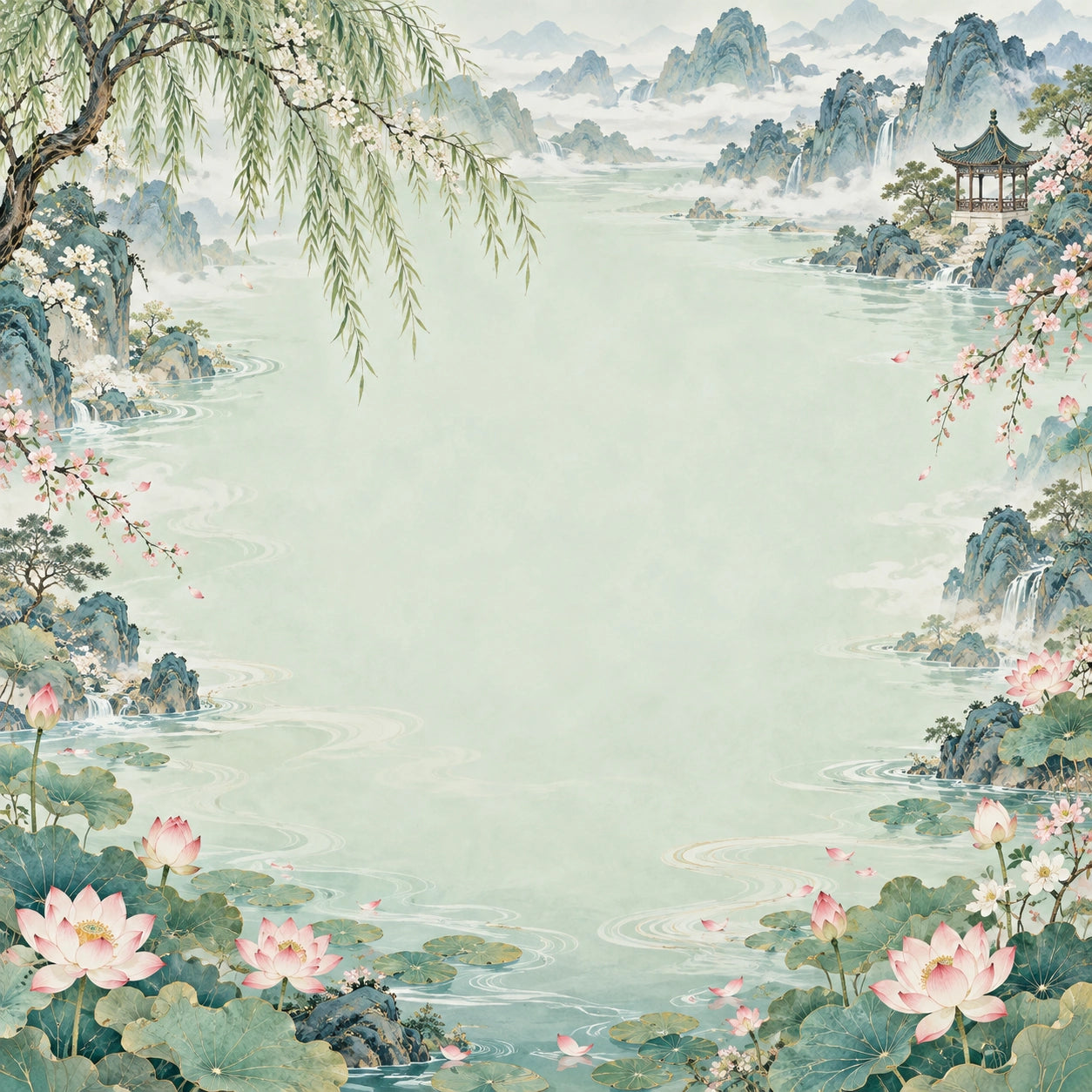 Chinese landscape-inspired lotus garden and misty mountains